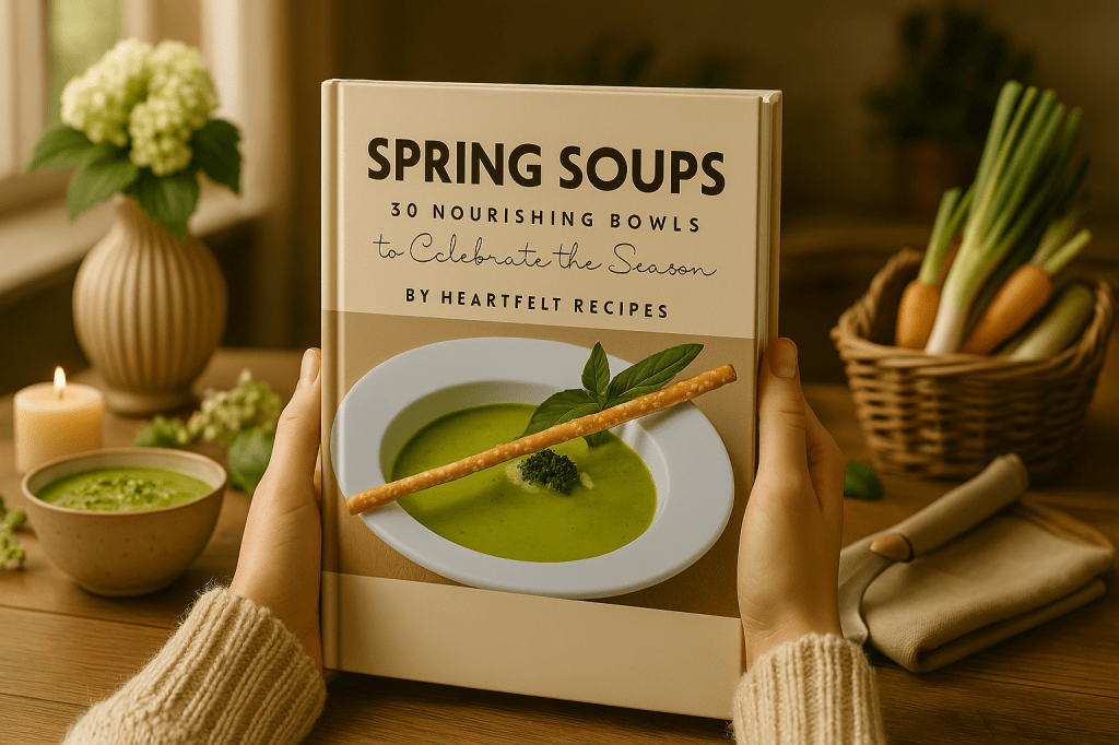 Spring Soups: 30 Nourishing Bowls to Celebrate the Season, Cooking Recipe E-Book, by Heartfelt Recipes, holding with hands, Cover Page Banner